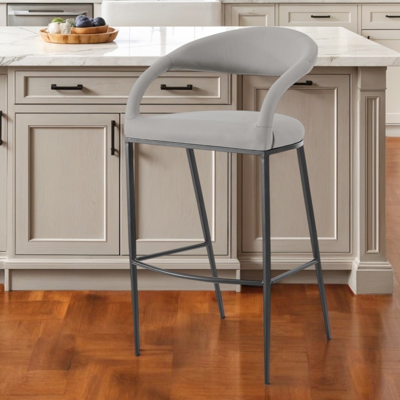 HomeRoots 26" Light Gray and Black Faux Leather and Iron Low Back Counter Height Bar Chair