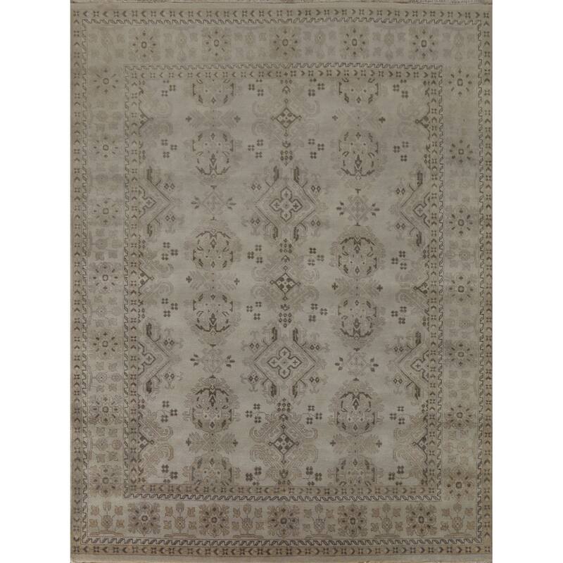 Beige Oushak Area Rug Hand-Knotted Wool Carpet - 7'10"x 9'7"