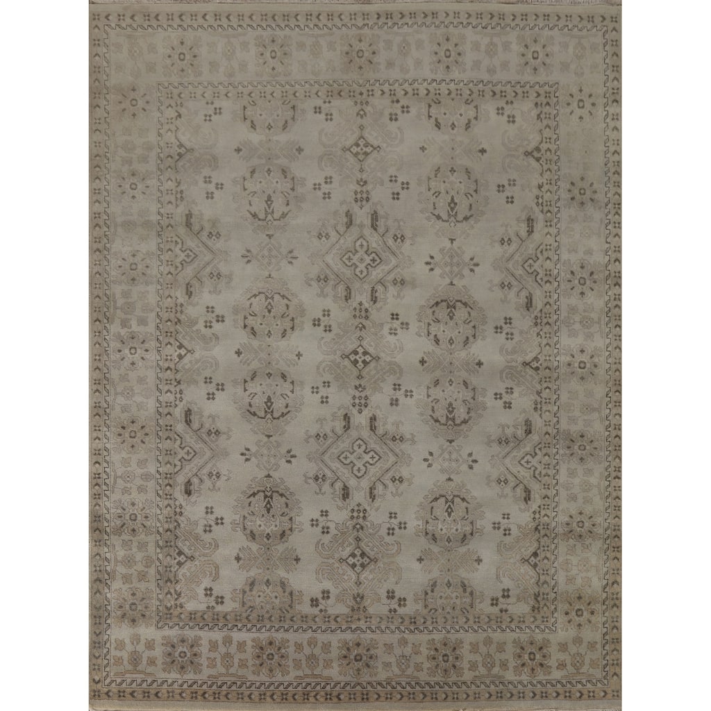 Beige Oushak Area Rug Hand-Knotted Wool Carpet - 7'10"x 9'7"