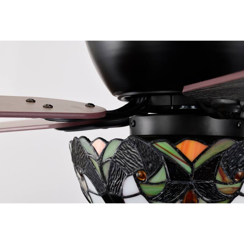 Apgrie 52-Inch Flushmount Lighted Ceiling Fan Warm Tones Tiffany Glass Lamp Black Finish