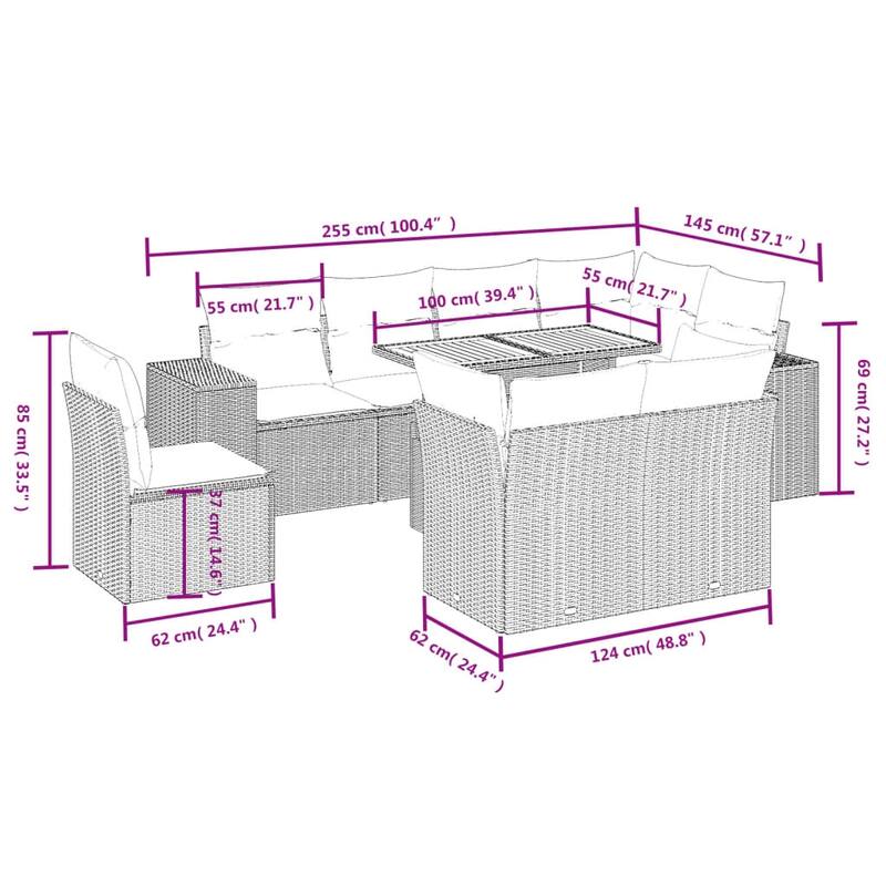 vidaXL Patio Sofa Set with Cushions Sofa Sections and Table 9 Piece Poly Rattan - 21.7 x 39.4 x 28.7