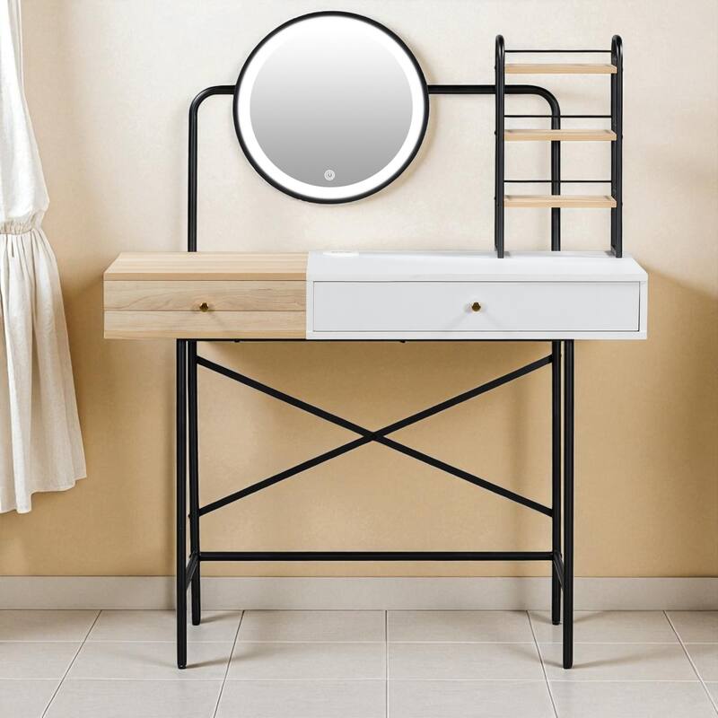 40" Makeup Vanity Table with LED Mirror, Wireless Charging, Drawer & 3 Shelves for Bedroom