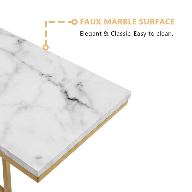 ROSEN GARDEN Faux Marble C-Shape Side End Table Metal Frame, White