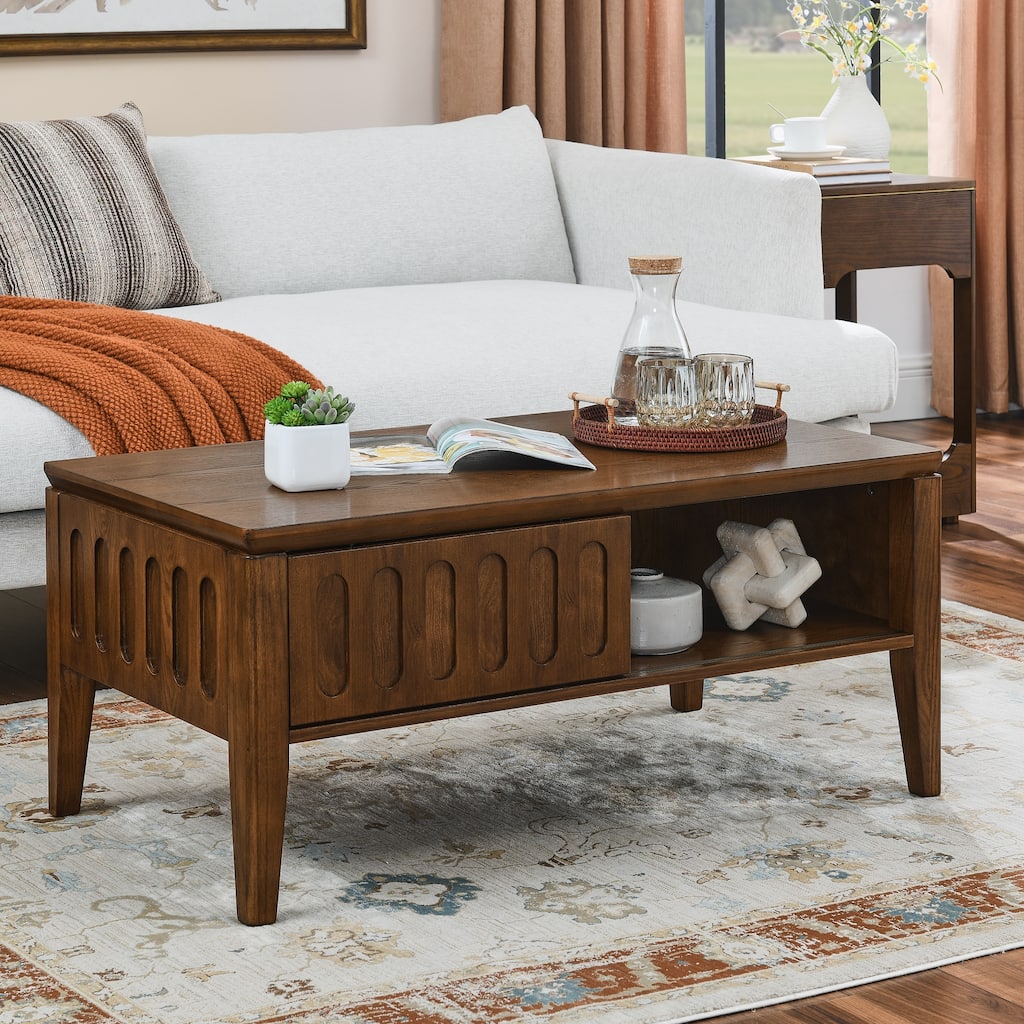 Mid Century Modern Grooved Coffee Table, Vintage Farmhouse Wood Center Table with Storage and Sliding Doors, for Living Room