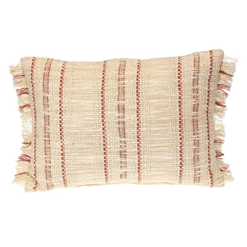 Striped Rectangular Throw Pillow with Fringes - 20" - Beige and Pink