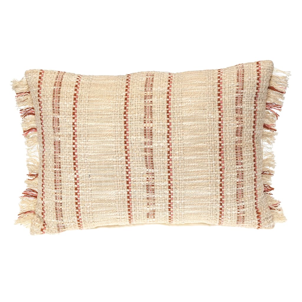 Striped Rectangular Throw Pillow with Fringes - 20" - Beige and Pink