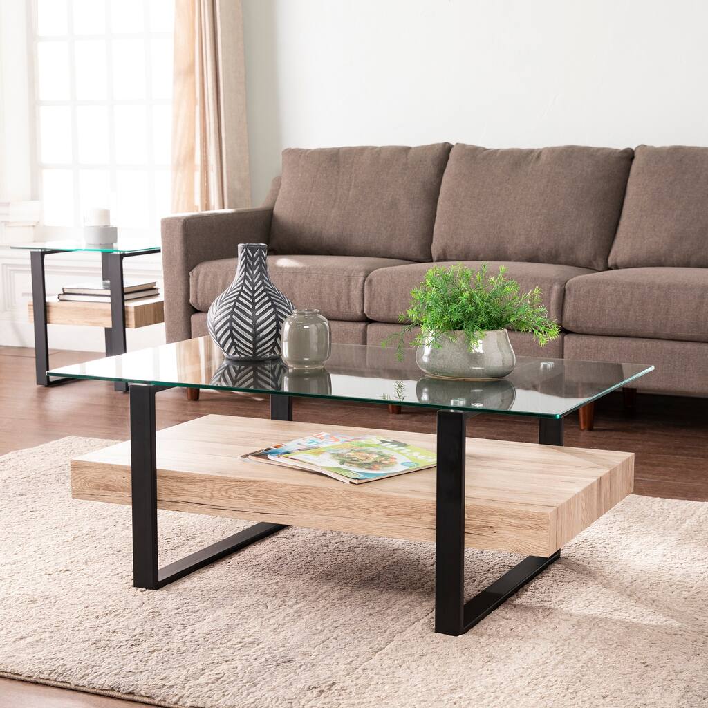 SEI Furniture Graham Modern Farmhouse Natural Wood Coffee Table with Glass Top and Natural Wood Shelf