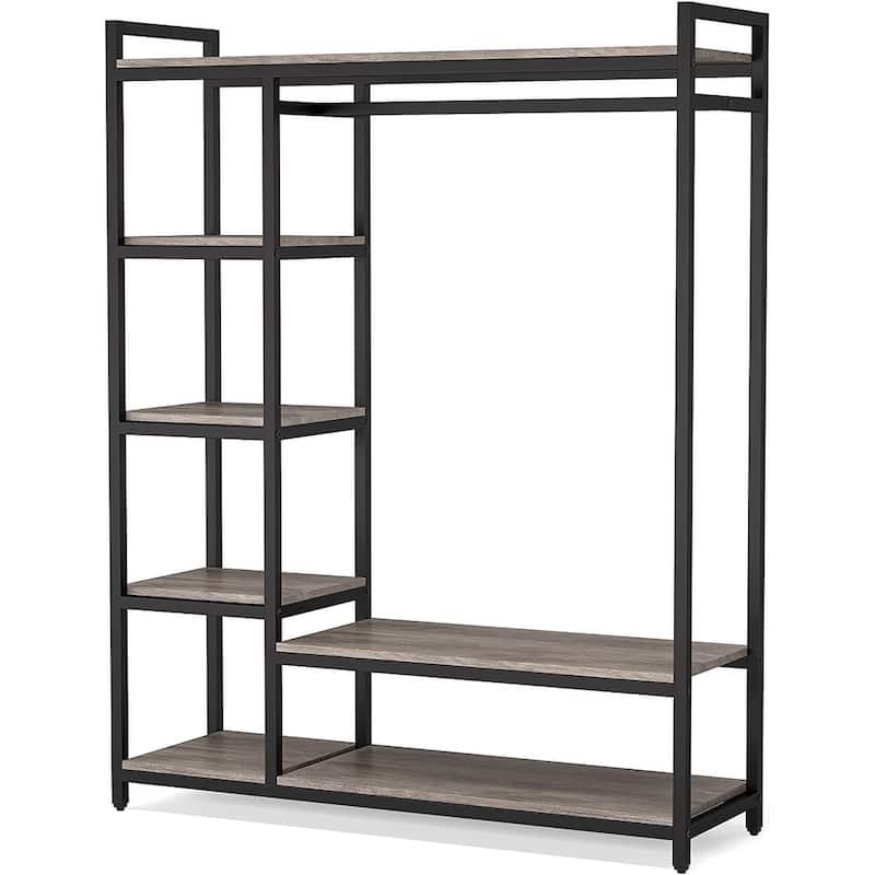 Brown/ Black Wood Industrial Clothing rack with shelves, 5-Tier Clothes Garment Rack Closet Organizer System with Hanging Rod