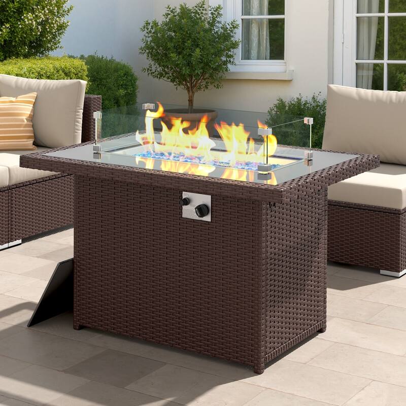 43" Wicker Outdoor Propane Fire Pit Table, 60,000 BTU, Wind Guard - Brown