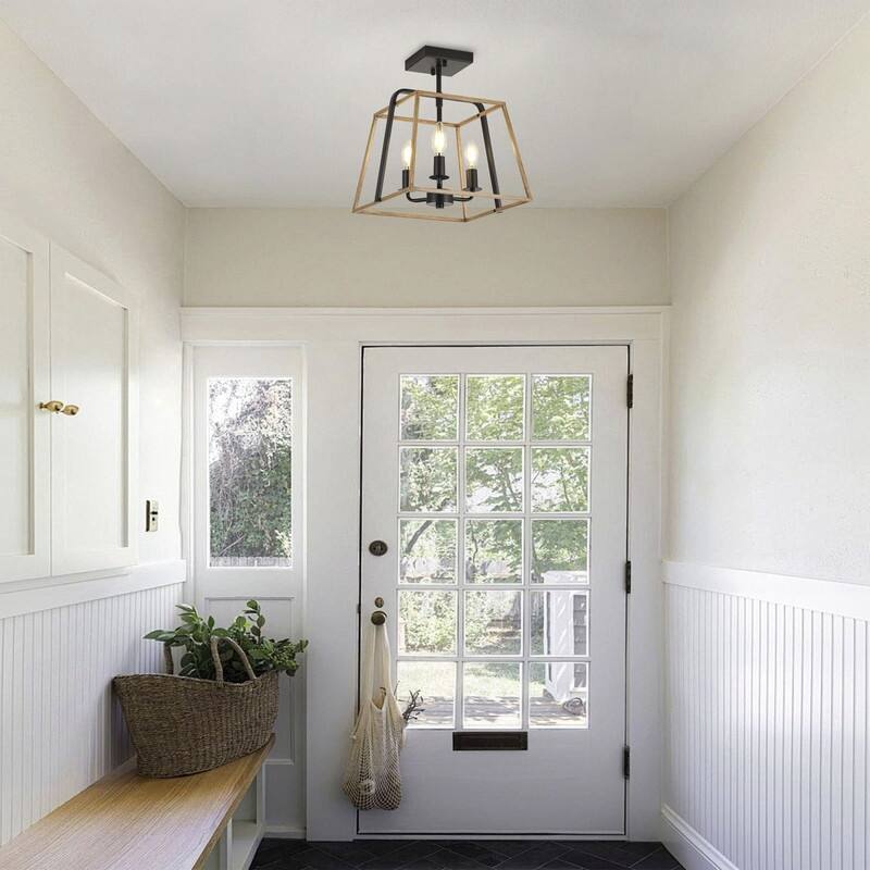 Farmhouse Semi Flush Mount Ceiling Light Rustic Black and Grey Wood 3 Light Iron Fixture