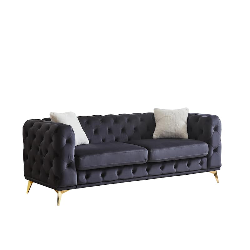 Tufted Design Straight Row Couch Velvet Chesterfield Deep Seat Sofa, Upholstered Couch with Solid Wood Frame and Gold Metal Legs