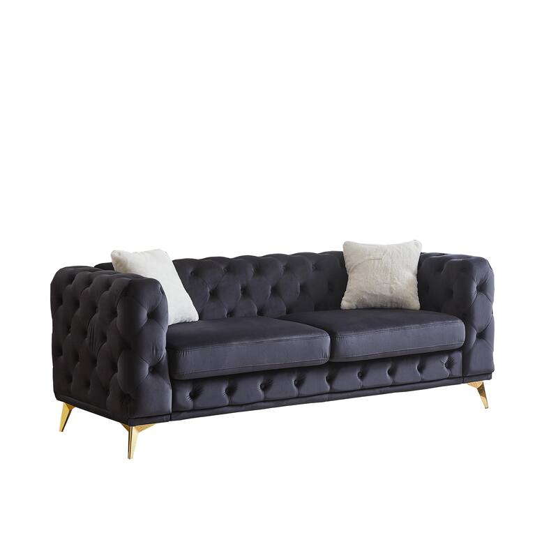 Velvet Upholstered 3 Seater Sofa, Chesterfield Tufted Button Sofa, Lounge Sofa Chair with 2 Pillows & Metal Legs