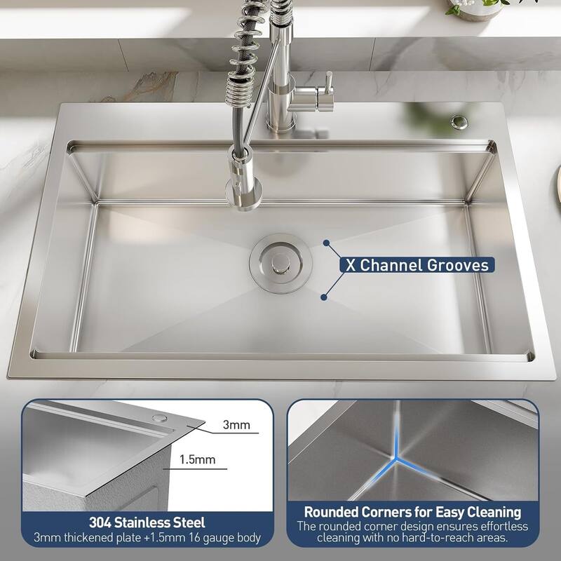 30"X18"X9" Undermount Kitchen Drop In Sink for Easy Installation with Faucet
