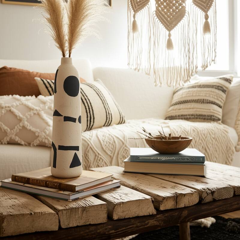 Ceramic Cylinder Geometric Funky Vase - Ivory, 15"