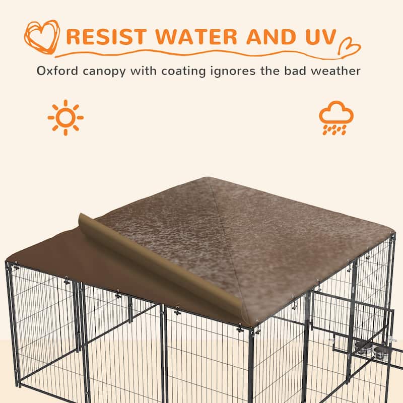 Black-Brown Metal and Oxford Cloth Outdoor Dog Kennel with Roof and Bowls - 82.8" L x 82.8" W x 60" H