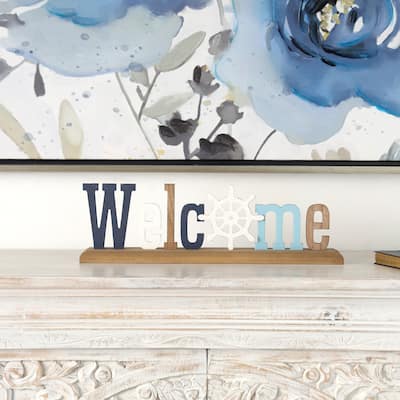 Multi Colored Wooden Welcome Ship Wheel Decorative Sign with Blue and Brown Accents