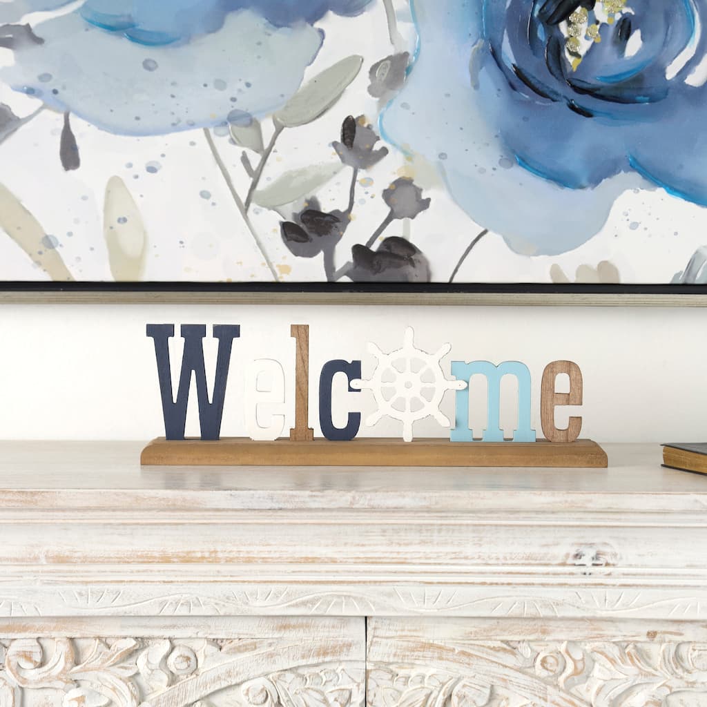 Multi Colored Wooden Welcome Ship Wheel Decorative Sign with Blue and Brown Accents