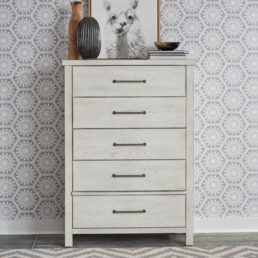 Modern Farmhouse Flea Market White Distressed 5 Drawer Chest