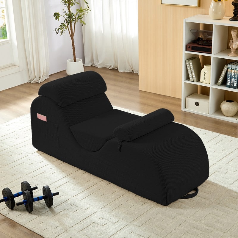 Mixoy Corduroy Yoga Chaise Lounge Chair,Curved Yoga Sofa with Movable Headrest/Waist Cushion/Footrest,Non-Slip Bottom