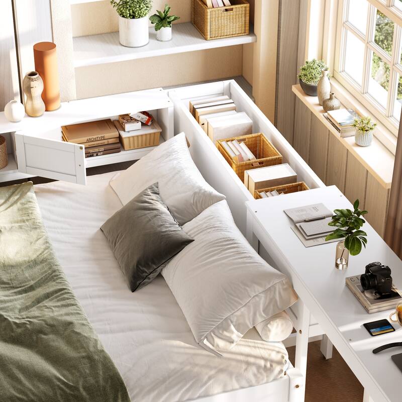 Full/Twin Daybed with Trundle & Storage Drawers - Wood Frame with Side Shelves and Desk