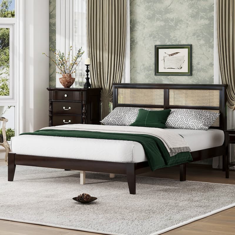 Queen Size Solid Wooden Platform Bed with Rattan Headboard