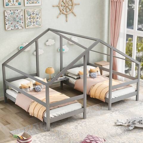 Contemporary Sleek Design Double Twin Size Triangular House Beds with Built-in Table and Solid Pine Wood Suitable for Bedroom