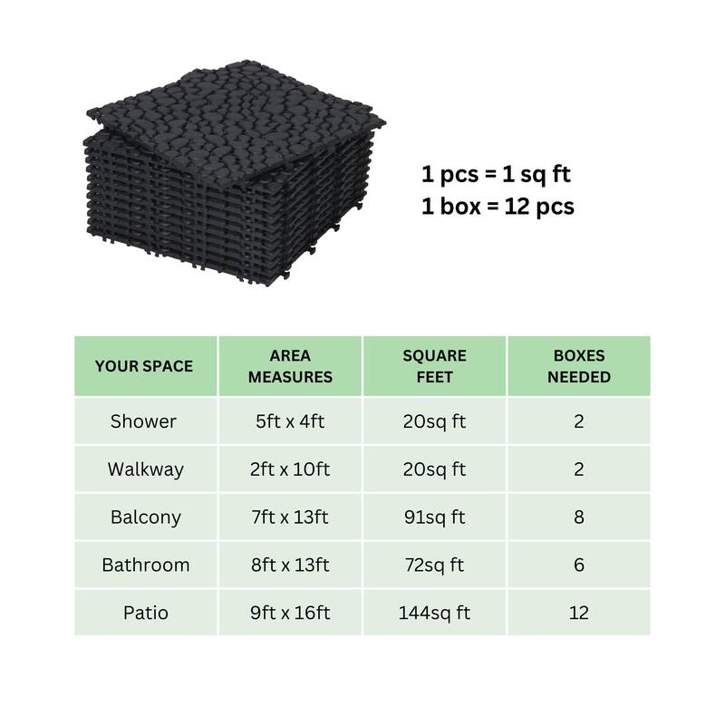 12 x 12 Inch Interlocking Deck Tiles,Bathroom Shower Balcony Porch Weight Capacity Upto 440 LBS,Pebble Stone Pattern Pack of 12