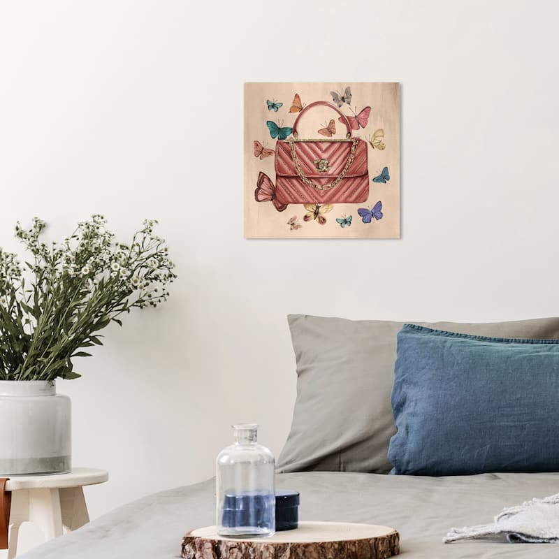 Wynwood Studio Canvas Fashion and Glam Vintage Butterflies Glam Bag Pink and Metallic Gold Glam Wall Art Canvas Print - 12 x 12