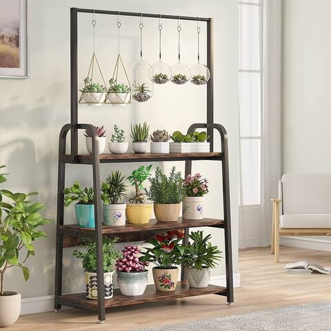 Ladder Plant Stand with Hanging Hooks, Flower Shelf Plant Pot Holder for for Patio, Balcony