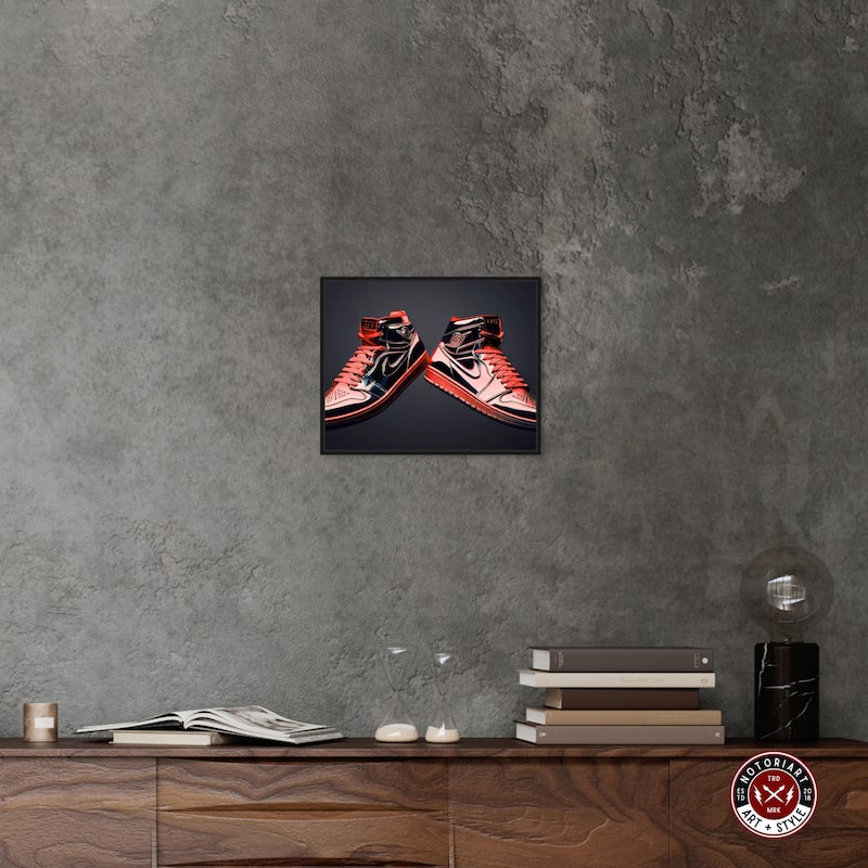 Notoriart Red Sneakers On Display Framed Sneaker 1 Piece Canvas Wall Art