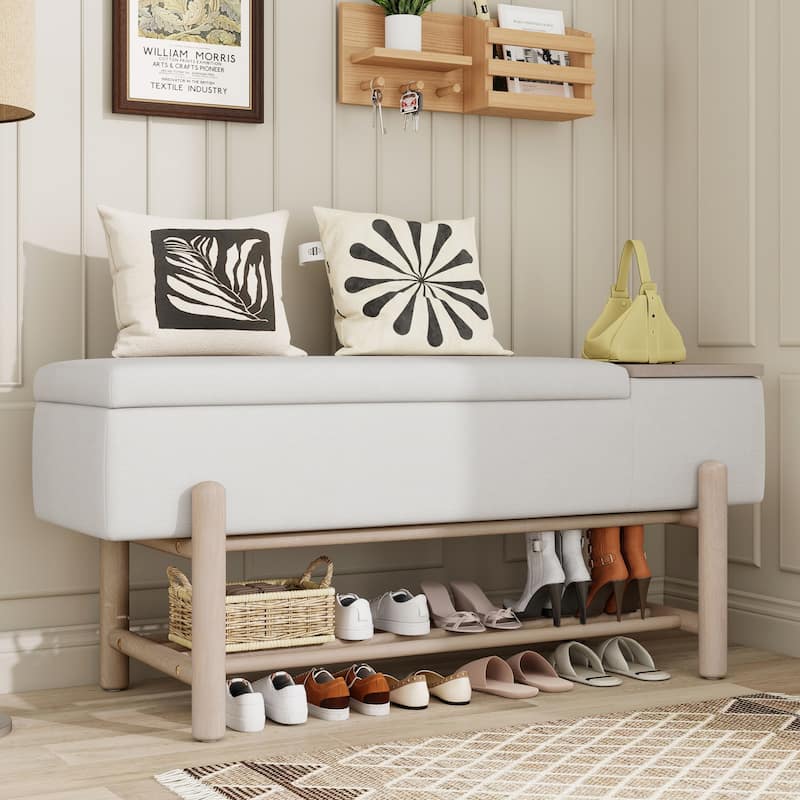 Farmhouse Upholstered Storage Bench with Hidden Compartment, Modern Entryway Bench for Living Room, Entryway, and Hallways - Natural
