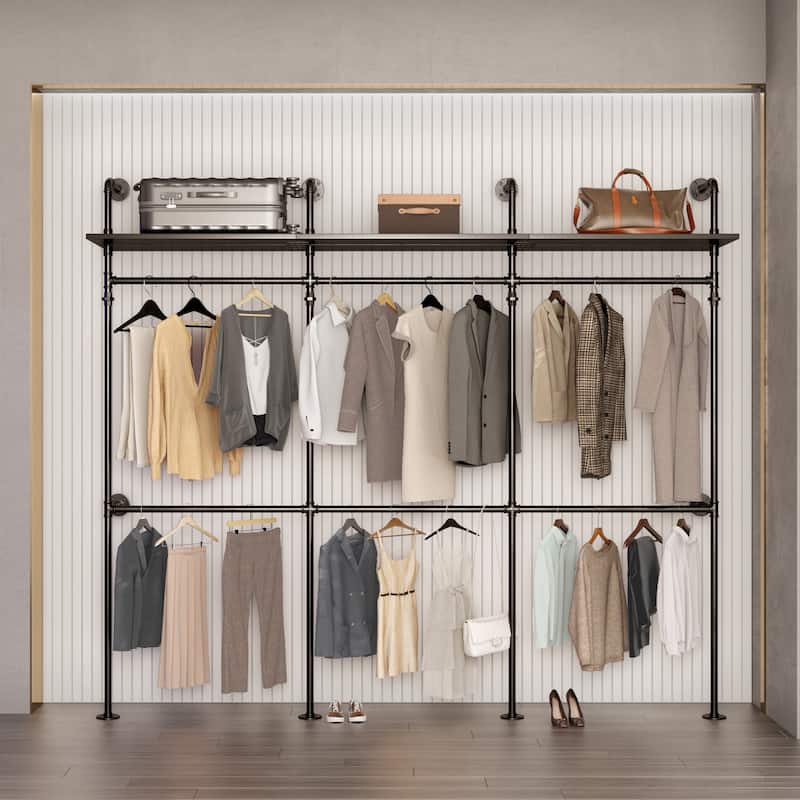 GDF Studio - Carrington Industrial Pipe Clothing Rack with LED Lights, Shelves & Hanging Rods
