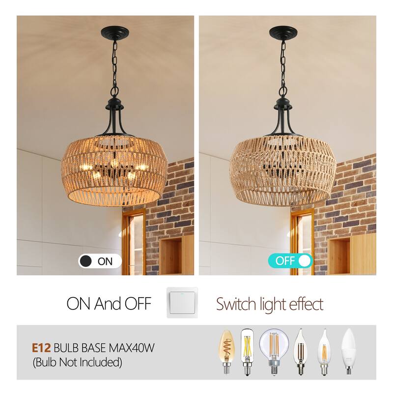 Boho Hemp Rope Pendant Light,with Adjustable Chain, Natural Rope Shade Light, for Restaurants, Cafes, Bars