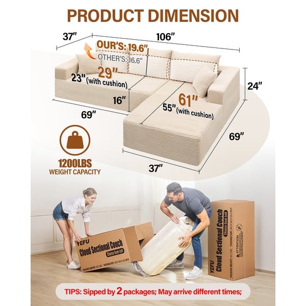 dimension image slide 3 of 9, WINSOON Plush Modular Sectional Sofa with Pillows