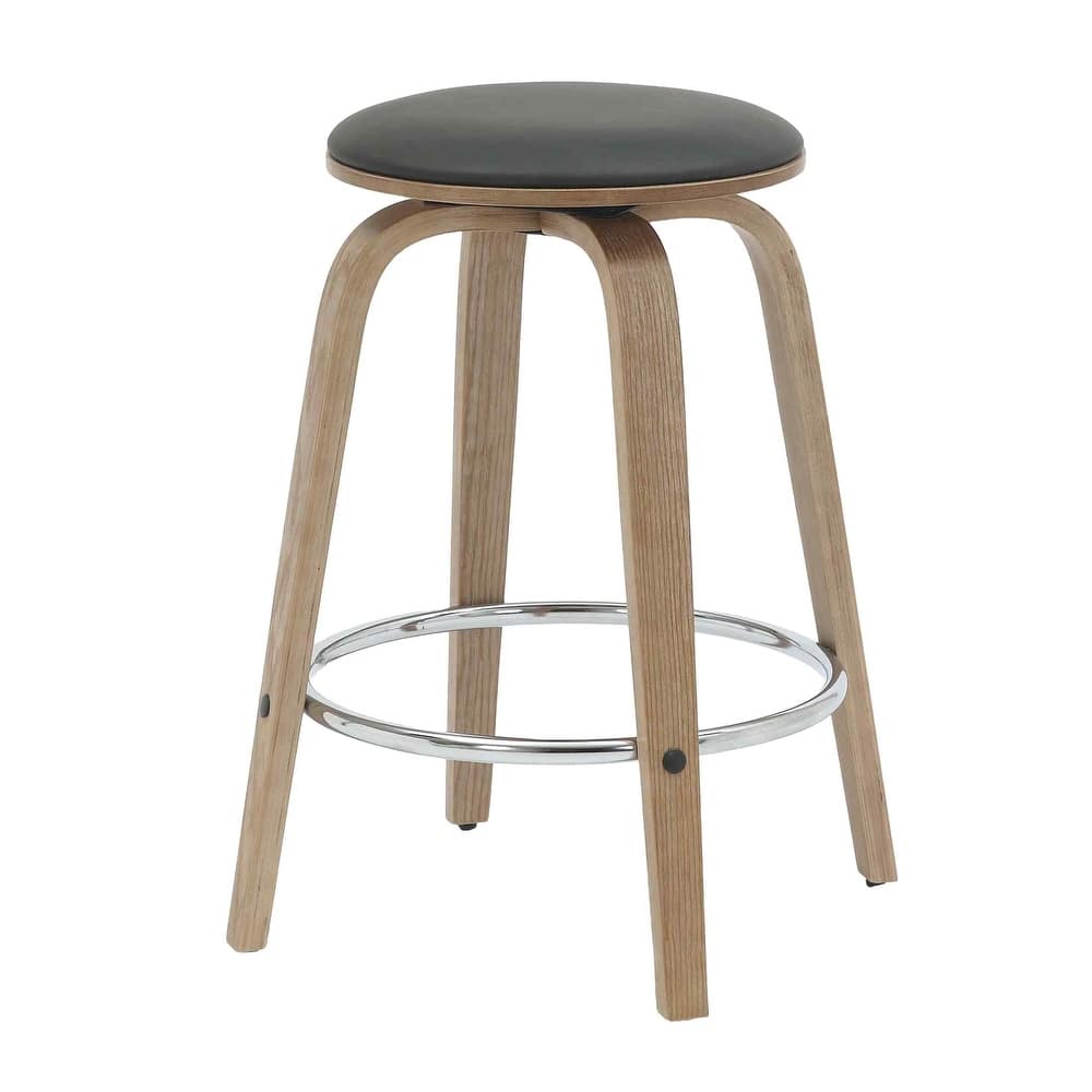 Leather Counter Stool Swivel Round Seat Poplar Wood Frame Iron Foot Rest