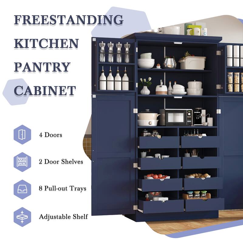 70.9 inch Freestanding Kitchen Cabinet, Tall Storage Cabinet with 4 Doors, 2 Door Shelves, 8 Pull-out Trays and Adjustable Shelf