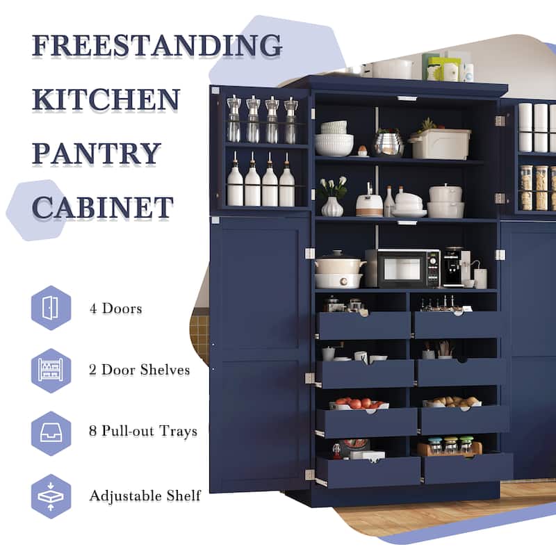 Tall Kitchen Pantry Cabinet with Pull-Out Trays - 35.5" 4-Door Storage Unit, Adjustable Shelves for Dining Room