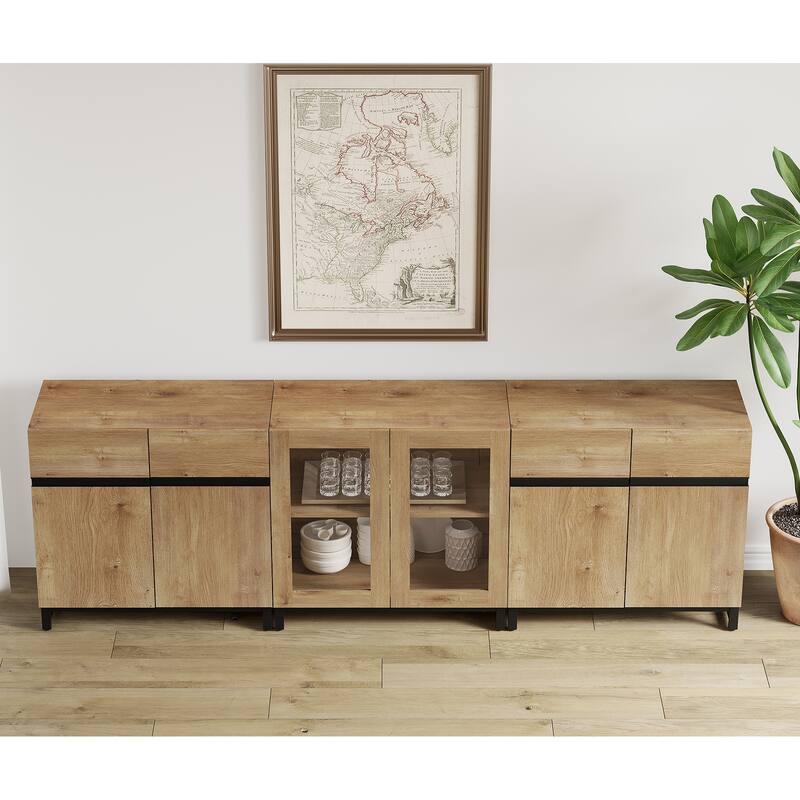 WAMPAT Modern Sideboard with Adjustable Shelves, 3 in 1 Storage Cabinet with Glass Doors, Coffee Bar Cabinet for Kitchen