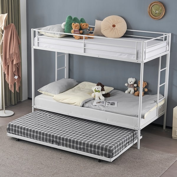 slide 2 of 31, Twin Over Twin Bunk Bed with Trundle, Metal Bunk Bed with Two Side Ladder and Guardrails White