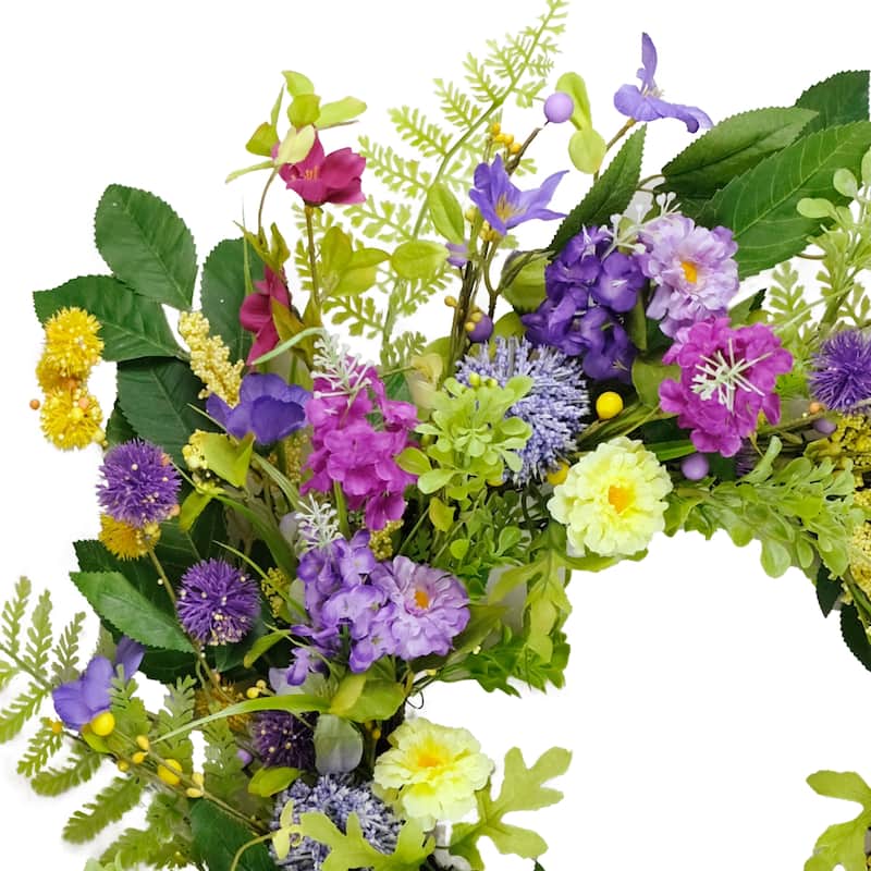 Echinops and Chrysanthemums Artificial Floral Spring Wreath - 24" - Green and Purple