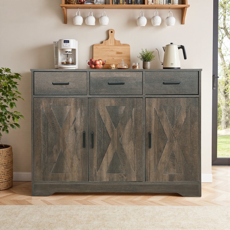 Barn Door Buffets Storage Cabinet Sideboards with 3 Drawers - Dark Brown