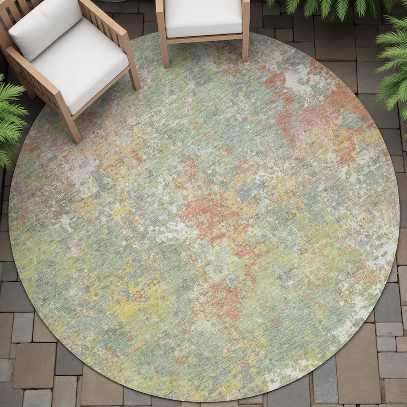 Machine Washable Indoor/Outdoor Abstract Watercolor Chantille Rug - Green - 8' x 8'