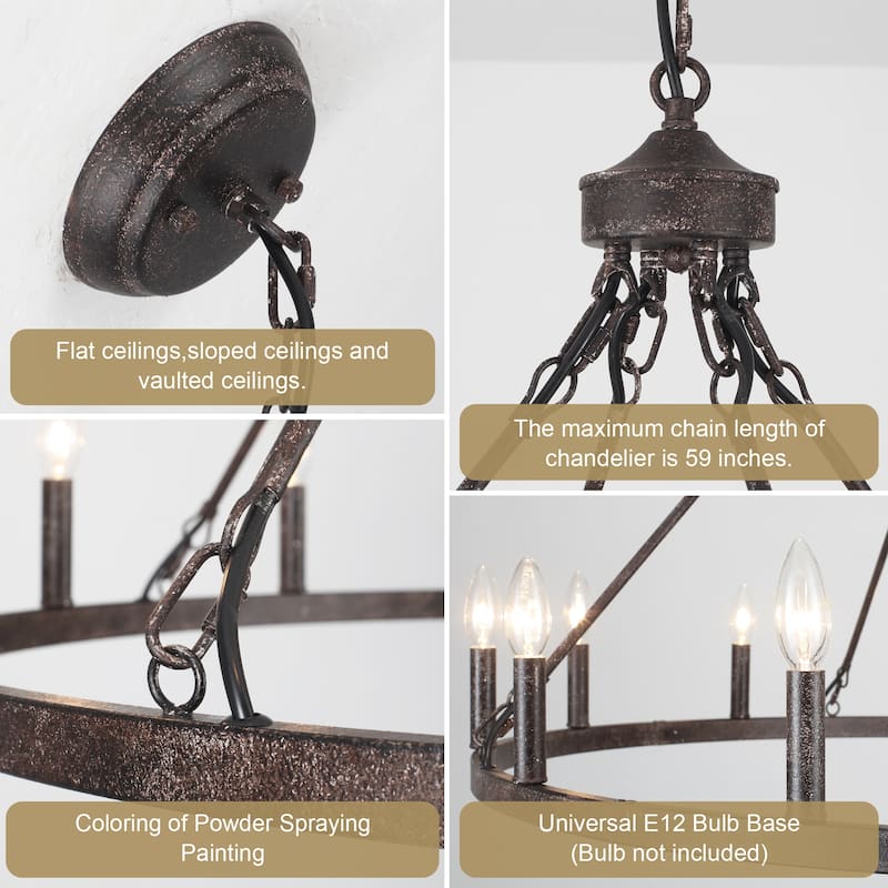 12-Light 37.99 in. Rustic Wagon Wheel Chandelier for Bedroom Kitchen