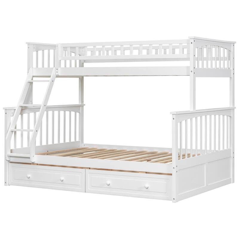 Wooden Storage Bunk Bed Frame with Fence-shaped Guardrails and Pull-out Drawers, Convertible 2 Platform Beds, Detachable Design