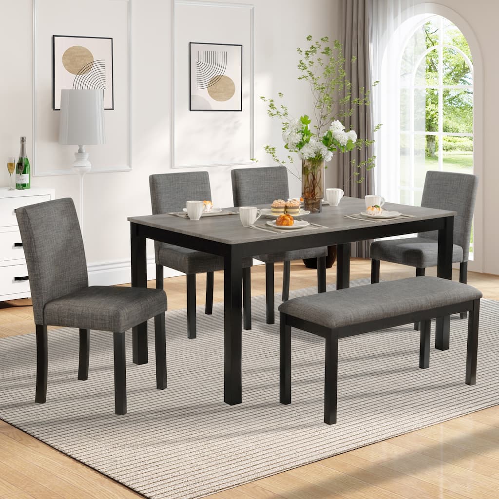 6 Piece Kitchen Dining Table Set with Rectangular Table and 4 Upholstered Dining Chairs and Bench