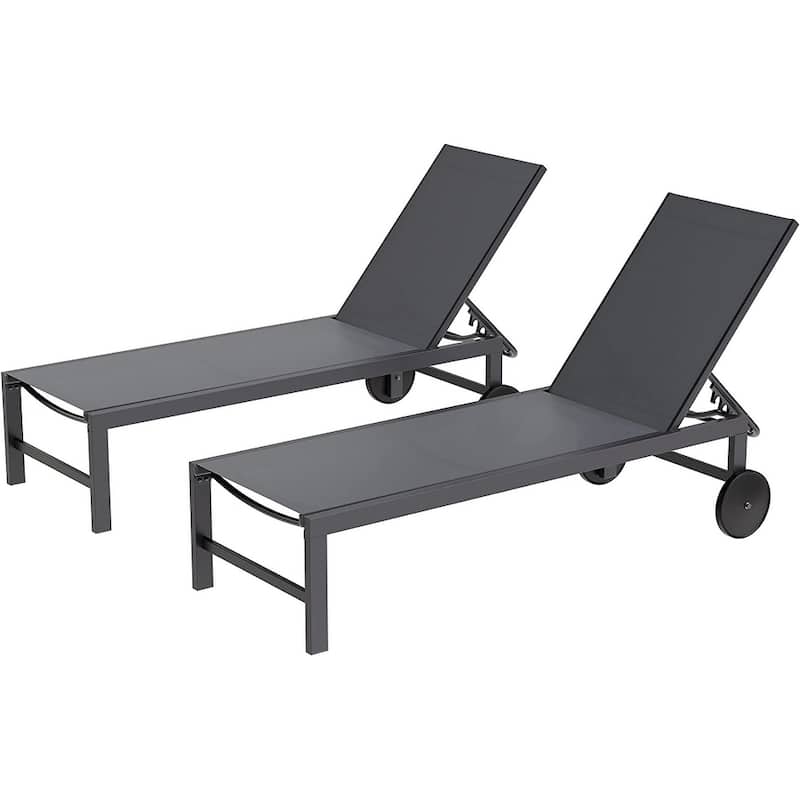 Futzca 2 PCS Outdoor Chaise Lounges Chair with Wheels and 5 Adjustable Position - Dark Grey
