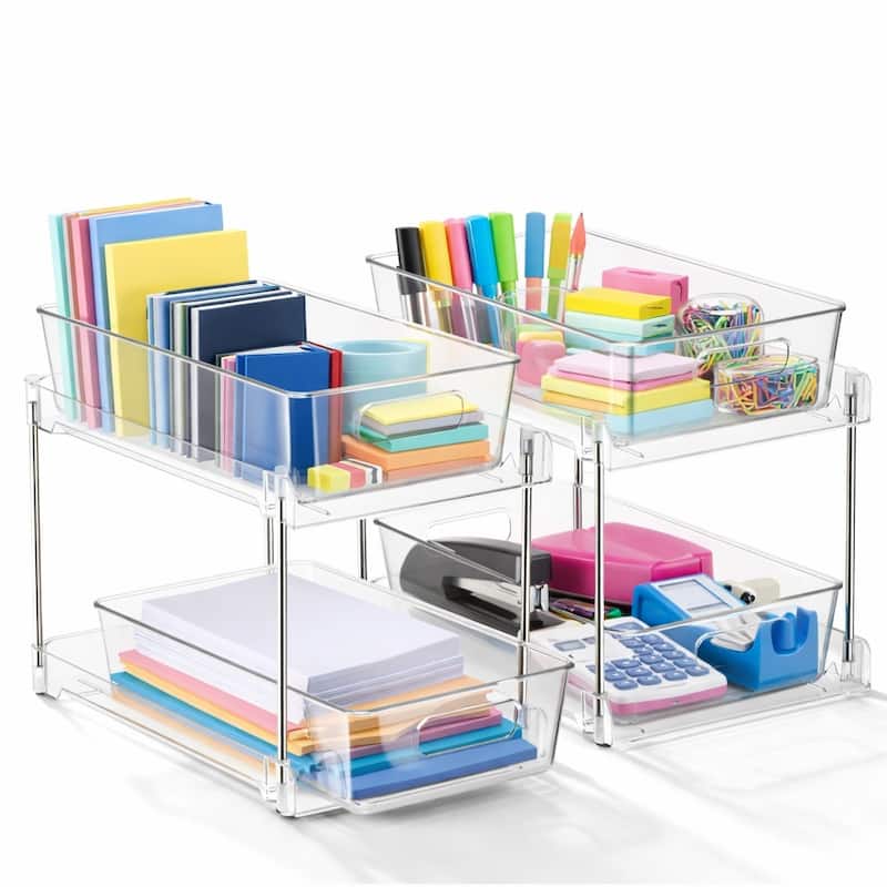 Sorbus 2-Tier Pull-Out Office Organizers, 2 Pack Clear Desk & Office Supply Storage Drawers, Office Organization Bins