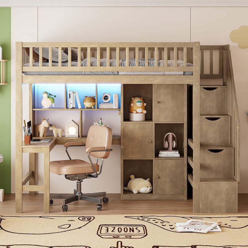 Roomfitters Twin Wood Loft Bed with Built-in Desk, Storage Cabinets and LED Light