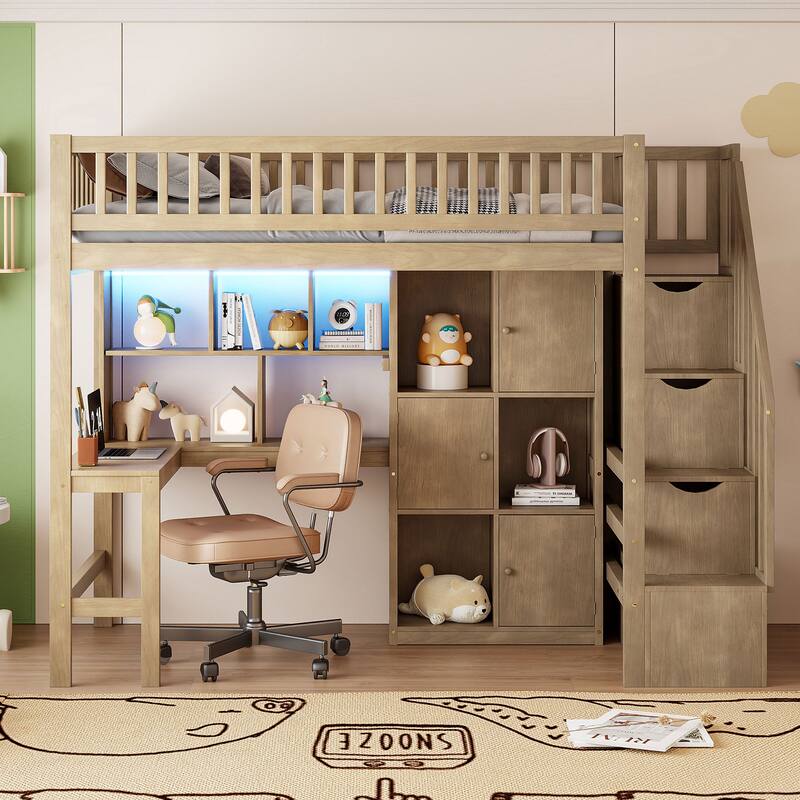 Wood Twin Size Loft Bed With Built-In Desk, Led, Storage Shelves, Cabinets And Staircase