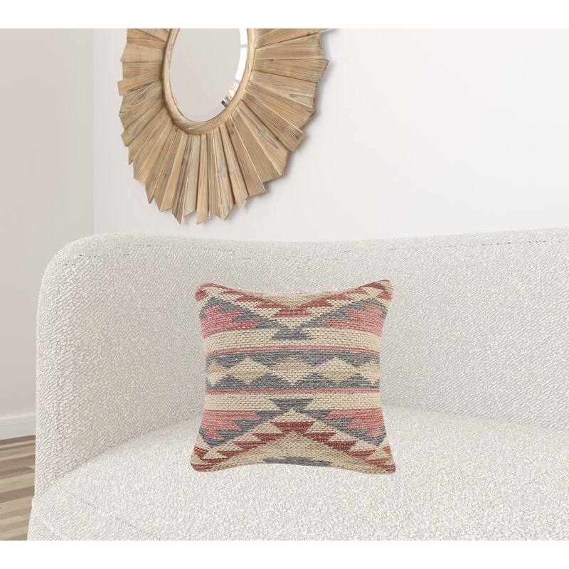 HomeRoots 18" X 18" Blue Cream And Red 100% Cotton Geometric Zippered Pillow